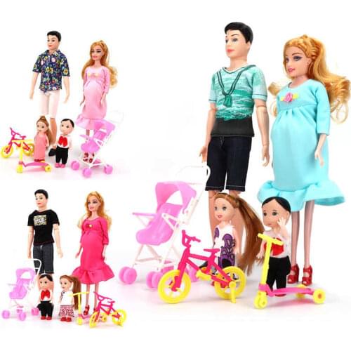 6pcs Happy Family Kit Toy Dolls Pregnant Ken&Wife with Mini Stroller Carriages For Baby Dolls Child Toys For Girls Gift