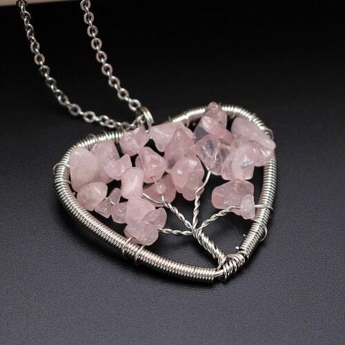 New Necklace Square Heart Wire Wrapped Tree of Life Opal Tiger eye Stone Chips Beads Life tree Pendant Stainless steel Necklace