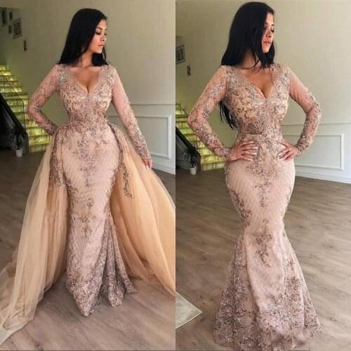 Peach Mesh Tutu Evening Dresses Long abiye V-neck Arabian Elegant Party Dresses Full Sleeves Detachable Skirt Robe De Soiree