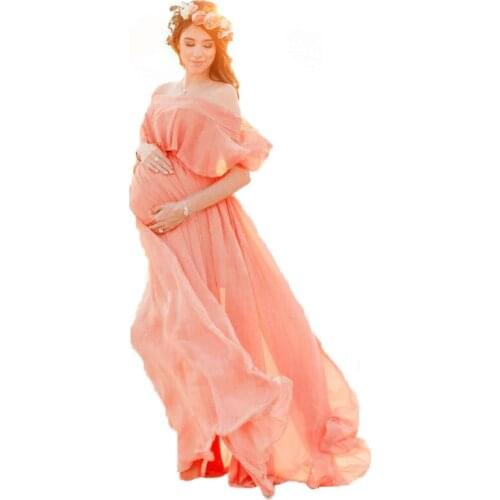 Maternity Dresses Lotus collar short Sleeve Pregnant Women Chiffon classic pink Dress Sexy women Pregnancy Dress for Photo Shoot