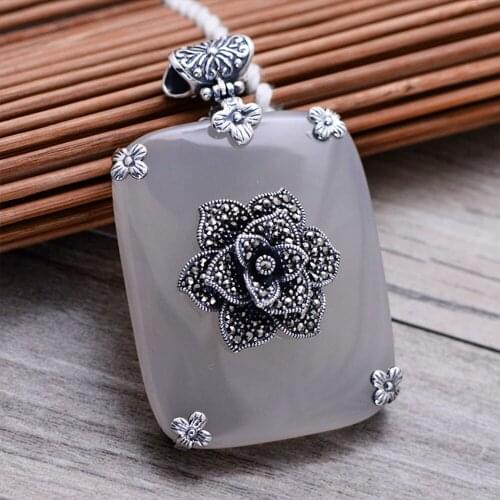 MetJakt Natural Chalcedony Pendants Solid 925 Sterling Silver Pendant for Sweater Chain for Women Vintage Ethnic Luxury Jewelry