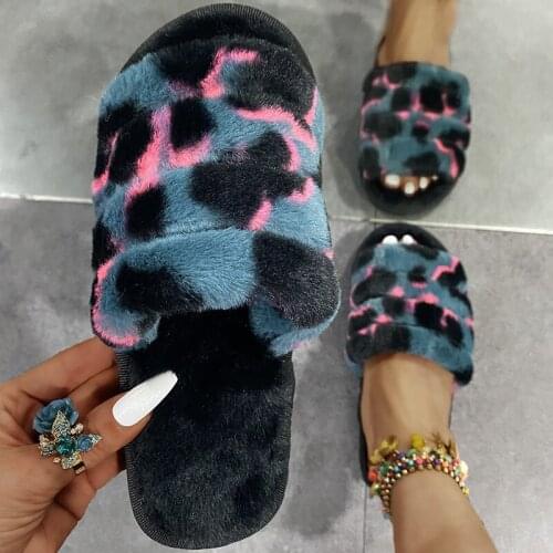 New Women Soft Plush Furry Slippers Dots Leopard Ladies Fur Shoes Non-slip Winter Home Bedroom Girls Fluffy Slippers Open Toe