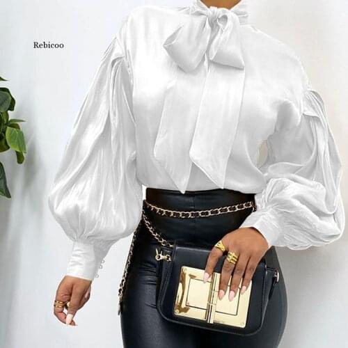 Bow Tie Satin Blouse Women Shirt Elegant Lantern Long Sleeve Yellow White Red Blouse Female Blusas Office Lady Shirts