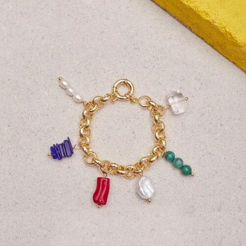 Women Punk Gold-color Chain Bracelet Fashionable Unique Small Pendant Decorated With Natural Pearls Bangle подарки на новый год