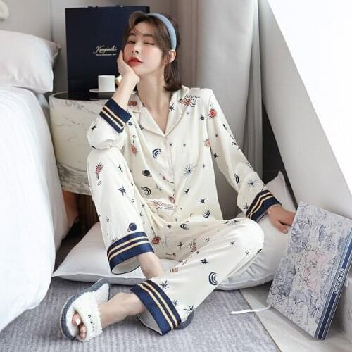 Women Pajamas Sets High Quality Pajamas Cartoons Fashion Homewear Summer Two-piece Cardigan Luxury Long sleeve Ice silk Pajamas