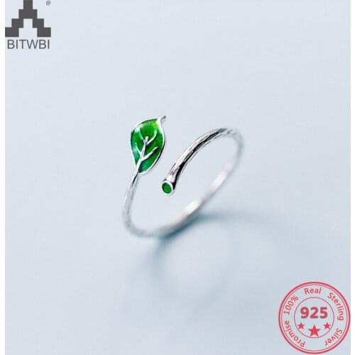 2018 New Style S925 Sterling Silver Simple Mix Personality Green Leaves Adjustable Rings Fashion Jewelry for Women