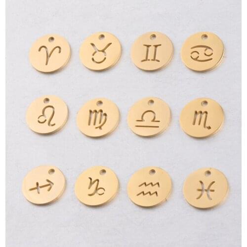 100% Stainless Steel Round Hollow Zodiac Charm For Jewelry Making 2 Hole Metal Constellation Charms Mirror Polished 12pcs