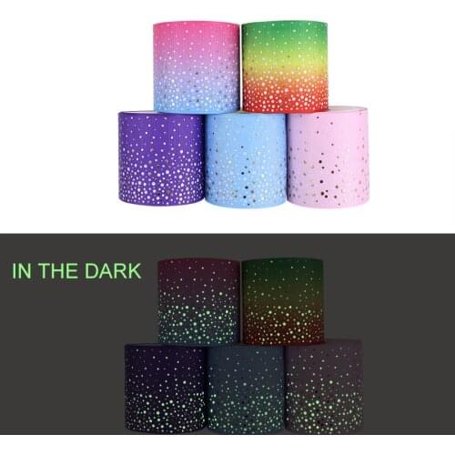 3'' 75mm Popular Fashion Gradient Rainbow Polka Dot Ink Printed Glow In Dark Hair Bow Ribbon,10/25/50 yards per lot