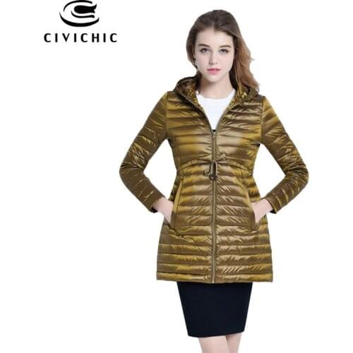 CIVICHIC Hot Fashion S-XXXL Woman Light Down Jacket Slim Hooded Sash Belt Coat Lady Mid Long Thin Warm Eiderdown Out Wear DC547