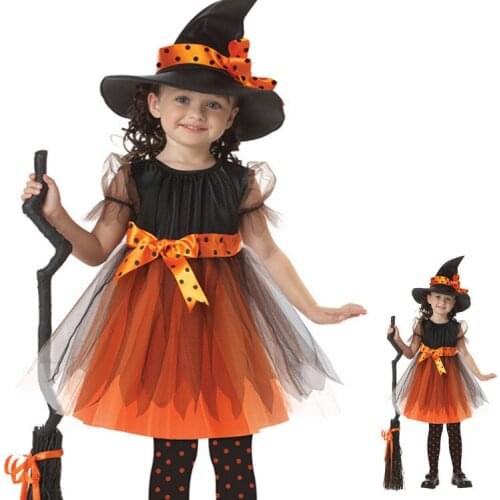 Halloween Fancy Fantasia Infant Witch With Hat Broom Cosplay Christmas Children Kids Costume Girls Headwear Clothes