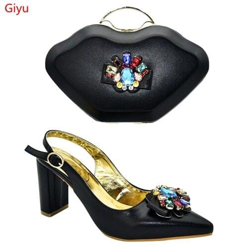 Doershow New black color Italian Shoes With Matching Bags African Women Shoes and Bags Set For Prom Party Summer Sandal ! HMS1-9