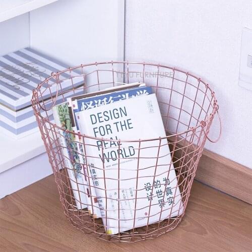 Modern Design Rose Gold Metal wire Storage Basket with handle, Loft gold Dirty clothes laundry bag Basket, home organizer basket