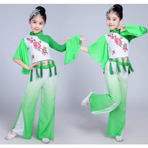 Chinese Traditional Dancewear National Dance Costume Yangko Embroidery Waist Drum Fan Dance Suit for Children Performance