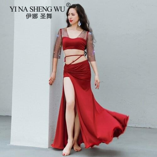 Belly Dance Costume Women 2 Piece Oriental Dance Outfit Mesh Half Sleeve Ice Profession Practice Clothes Sexy Performance Set