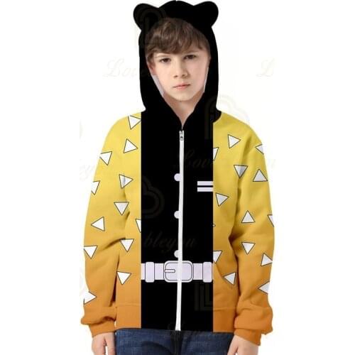 2020 New Spring and Autumn Demon Slayer Cosplay Cat Ear Hoody Boys Girls Zipper Jacket Childrens Clothing