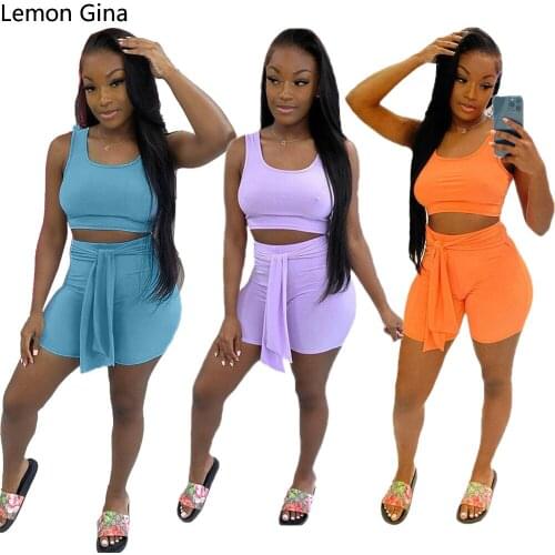 Lemon Gina Summer Solid Women Two 2 Piece Outfits Vest Tops and Tie Up Shorts Fashion Sweatsuit Matching Set Active Tracksuit