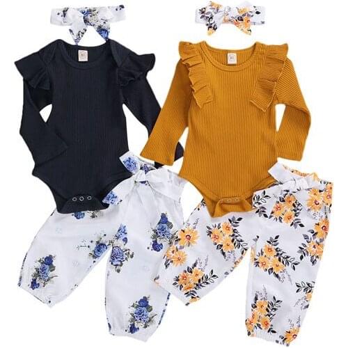 Lioraitiin 0-24M Baby Girl Clothes Toddler Long Sleeve Solid Ruffle Top+ Floral Print Long Pants + Headband 3Pcs Outfit Spring