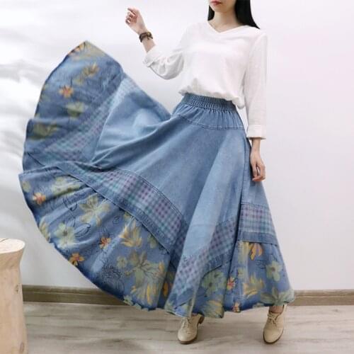 Makuluya Spring Summer High Quality Bohemian Vintage Casual Denim Contrast Color Fashion Classic Elegant Prairie Chic Skirts L