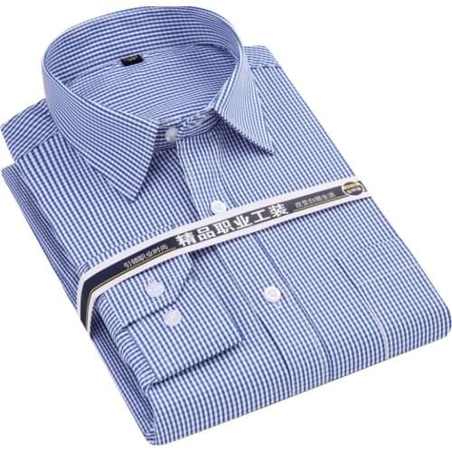 Light Blue Plaid Shirt For Men Long Sleeve Business Mens Dress Shirts 2020 New Regular Fit Checked Male Clothing Chest Pocket