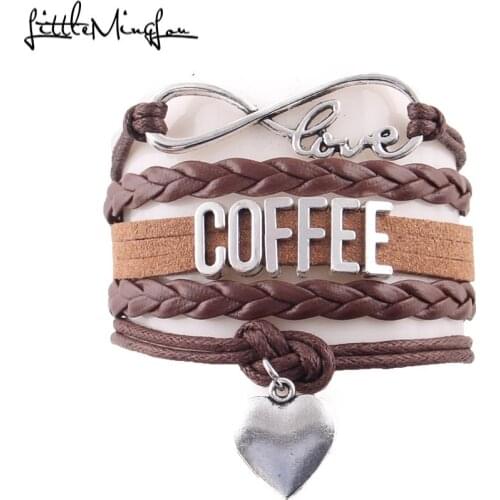Little Minglou Infinity Love COFFEE bracelet heart charm leather wrap men bracelets & bangles for women jewelry Drop Shipping