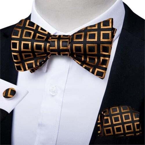 Men Classic Gold Black Plaid Wedding Party Self Tie Bow Tie Adjustable Mens Silk Bowties Pocket Square Cufflinks Set DiBanGu
