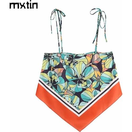MXTIN 2021 Women Summer Vintage Floral Print Bow Tie Straps Tank Tops Fashion Square Collar Backless Casual Camis Chic Tops