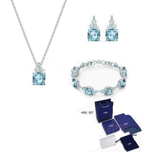 2020 Fashion New Bright Set Exquisite Blue Square Decoration Crystal Woman Romantic Jewelry Gift