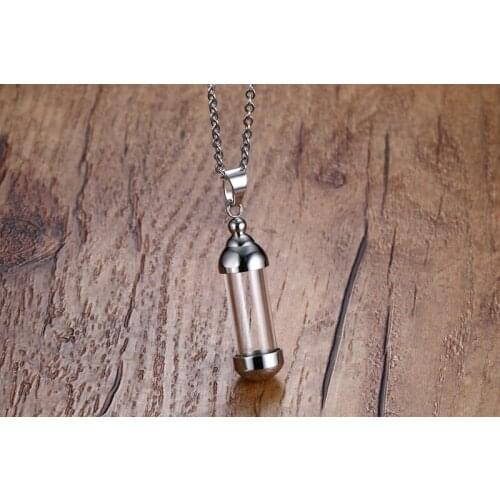 New Fashion Stainless Still Essential Oil Perfume Glass Bottle Necklace Cylinder Shape Doctor Symbolic Unisex Pendant