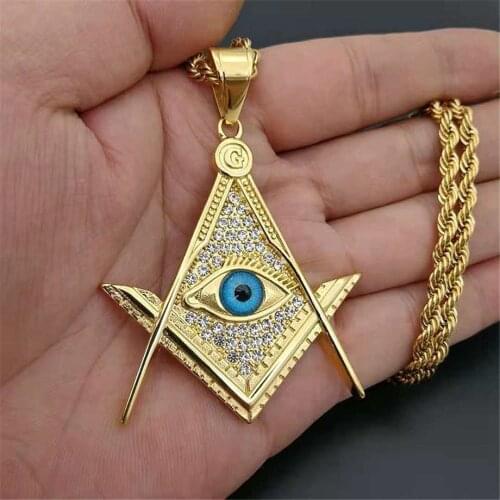 Hip Hop Iced Out Eye Masonic Symbol Necklaces & Pendants For Women/Men Gold Color Stainless Steel Free-mason Fashion Jewelry