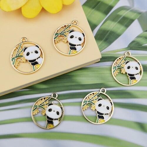 10pcs/bag Cute Panda Enamel Charms Bamboo Panda Pendants Charms For Jewelry DIY Accessories Round Golden Base Metal Pendants