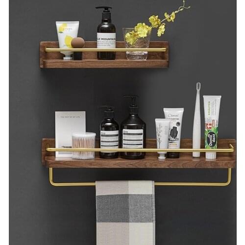Bathroom Shelf Shower Shampoo Soap Cosmetic Shelf Brushed Gold Aluminum and Walnut Bathroom Accessories Storage Organizer Rack
