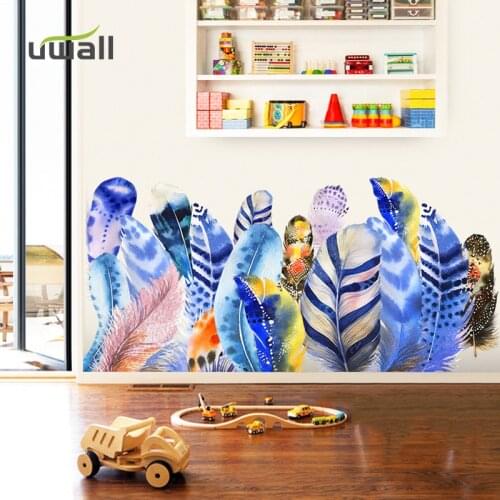 PVC Creative Corlorful Feather Wall Stickers Home Decor Living Room Bedroom Skirting Wall Decoration Self Adhesive Decor Sticker