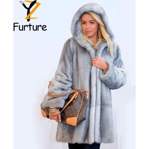 Luxury Women 90cm Long Overcoat Genuine Mink Fur Hooded Coat Sapphire Color Full Pelt Mink Fur Jackets Pockets Design Outerwear