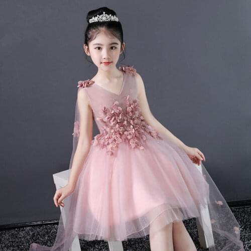 Pink Lace Flower Girls Dresses Long Trailing Party Pageant Communion Gown for Wedding Little Princess costume Girl Evening Dress