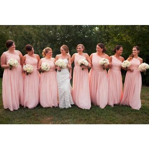 One Shoulder Long Chiffon Blush Pink Bridesmaid Dresses Floor Length Gown Vestido de madrinha
