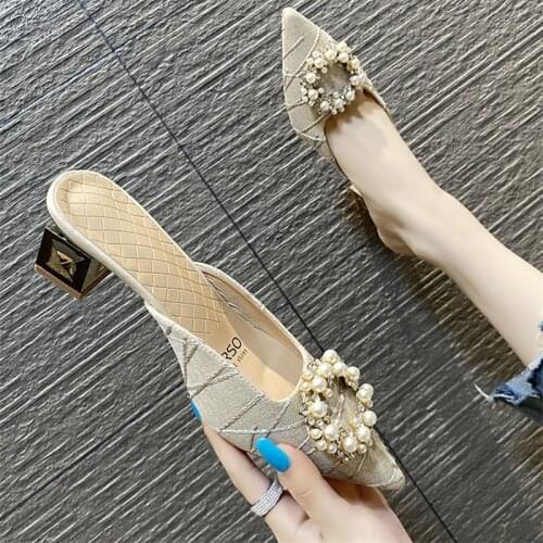 Baotou Slippers Pointed Half Slippers Female Summer Outdoor Fashion Pearl 2021 New Thick Heel Single Shoes Sandals And Slippers