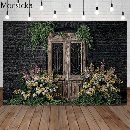 Spring Fresh Flowers Art Photography Background Black Brick Wall Wooden Door Decor Props Backdrop Child Portrait Photo Studio