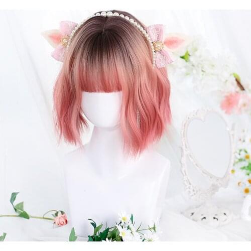 WTB Short Wavy Bob Wig with Bangs Synthetic Root Black Ombre Pink Synthetic Hair Wigs for Women Halloween Cosplay Fake Hair