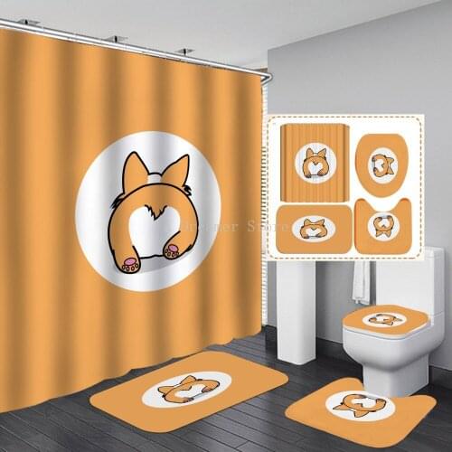 Yellow Dog Butt Shower Curtain Waterproof Polyester Bathroom Curtain Cartoon Kids Shower Curtain Set Bath Mat Rug And 12 Hooks