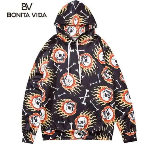Bonita Vida Oversized Streetwear Sweatshirt Hoodies Men 2020 Skull Printed Pullover Long Sleeves Hip Hop Punk Rock Casual Tops