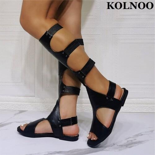 Kolnoo Handmade New Womens Flats Sandals Black Faux Leather Open-Toe Sexy Summer Party Shoes Large Size Fashion Daily Wear Shoes