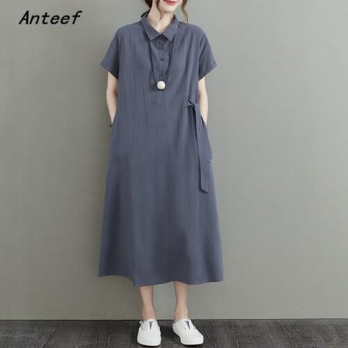 Short sleeve cotton linen vintage dresses for women casual loose long woman summer dress elegant clothes 2021