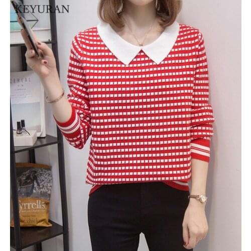 4XL Plus Size Plaid Pullover Sweater Women 2021 New Doll Collar Long-Sleeved Casual Loose Knitwear Black Red Ladies Knitwear Top