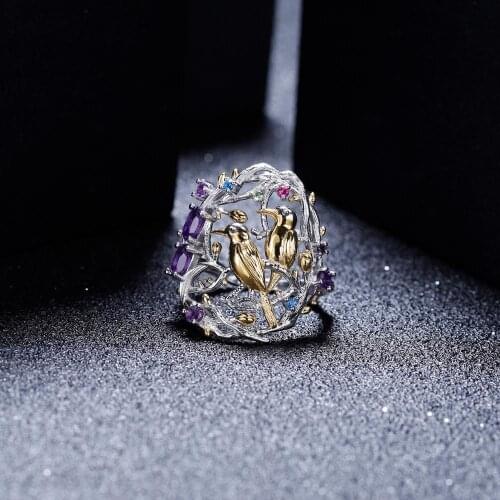 GEMS BALLET Natural Amethyst Gemstones Womens Cocktail Ring 925 Sterling Silver Handmade Branches Busy Garden Fine Jewelry
