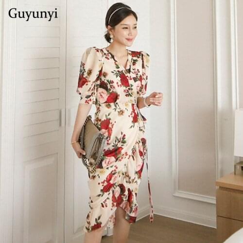 High Waist Wrap Dress 2021 Summer Simple V-Neck Half Puff Sleeve Temperament Asymmetrical Elegant Party Floral Dress Women