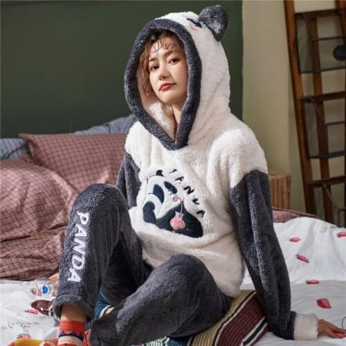 Winter Panda Hooded Flannel Women Pajamas Sets Thick Warm Christmas Pyjamas Female Sticth PiJamas Sleepwear Home Clothing Suits