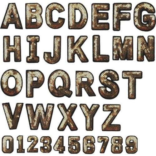 100pcs/lot Gold Sequin Embroidery Patches English Letters Arabic Numerals Jacket Clothing Decoration Iron Heat Transfer