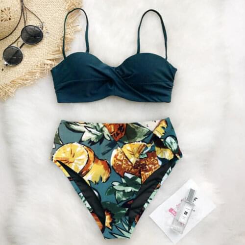 2021 swimsuit women new bikini suit women tropical plant print sexy solid color swimming suit for women 2 piece set women