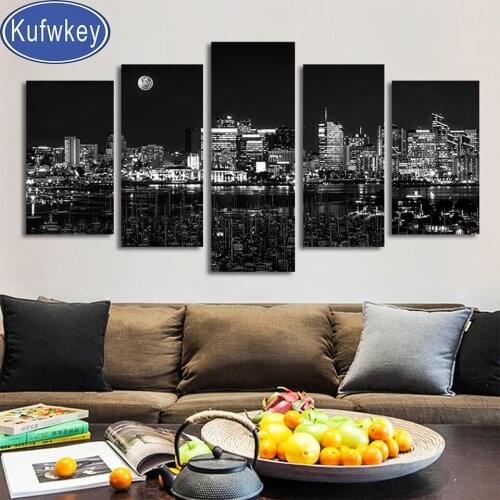 Diamond Painting home Decoration Modern Poster 5 Pieces Black And White City Night View mosaic Embroidery Pictures full round