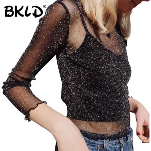 BKLD Sexy Mesh Long Sleeve Women T-shirt 2018 Summer Transparent Club Party Black Tee Shirts Stringy Selvedge O Neck Tshirt Tops
